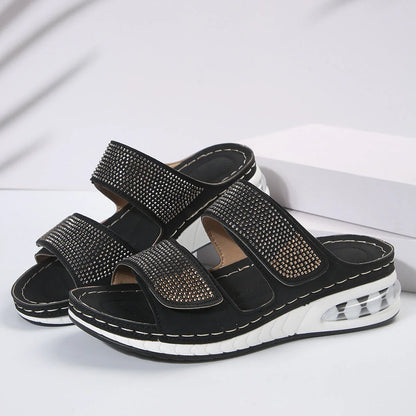 Stylish rhinestone slip-on sandals for women with non-slip soles, available in multiple colors and sizes