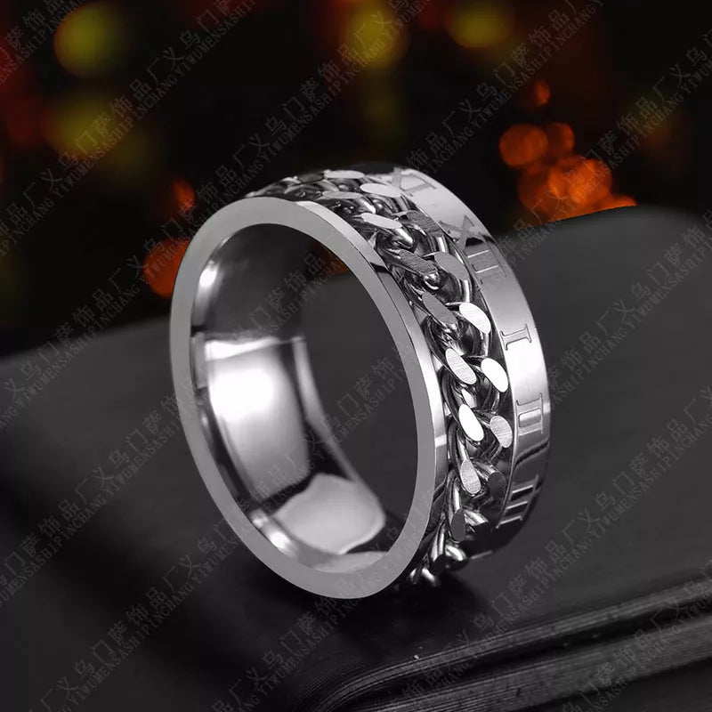 Men's rotatable titanium steel chain ring with Roman letters and bottle opener