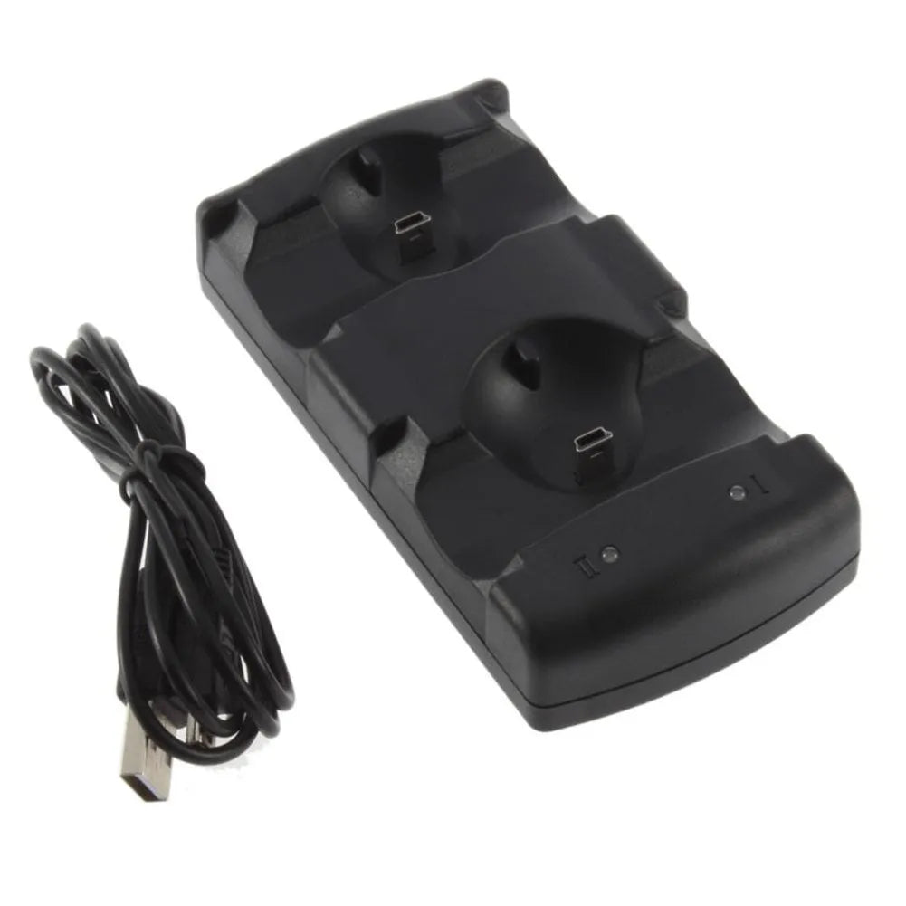 Black PS3 dual controller charging dock with USB cable, charging two wireless controllers
