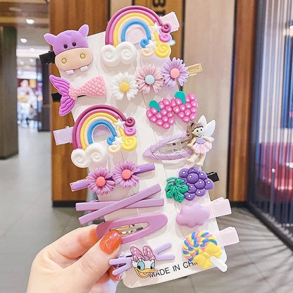 14-piece toddler hair accessories set showing colourful candy rainbow barrettes, fruit clips, and butterfly hair pins