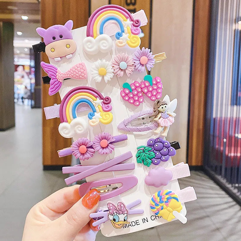 Toddler hair accessories set of 14 pcs including colourful rainbow barrettes, hair pins, candy fruits and butterfly clips for kids' hairstyles made from soft silicone clay and coloured plastics with elastic cloth backing