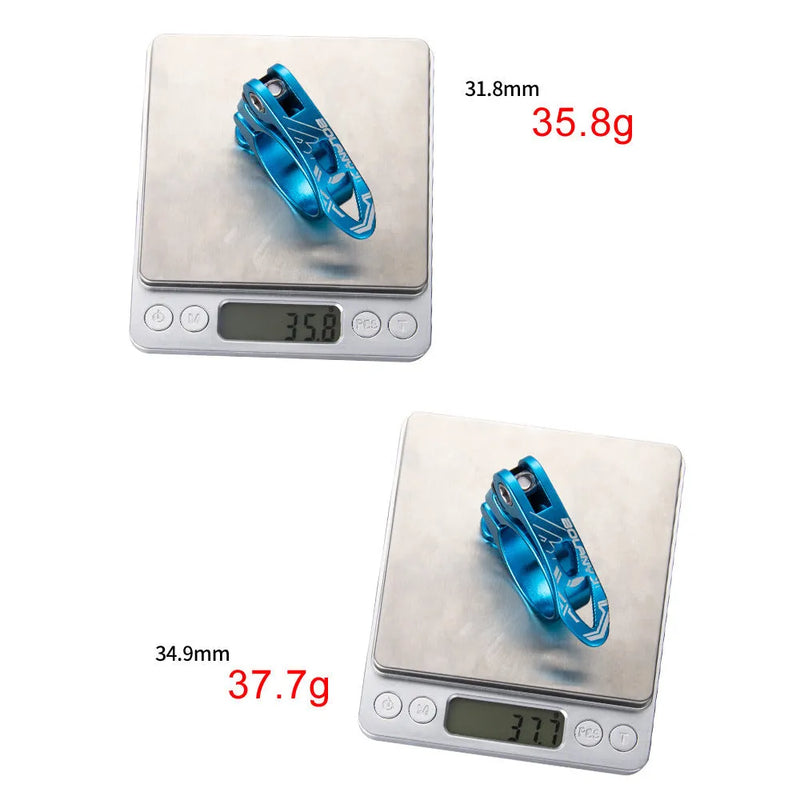 Bicycle seat tube clamp accessories in aluminium alloy with 31.8mm and 34.9mm outer diameter sizes for secure saddle mounting in black, red, gold, or blue colour options