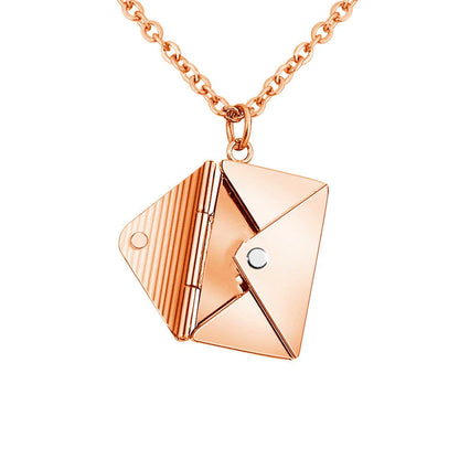Stylish titanium steel envelope necklace with a discreet compartment for storing personal keepsakes