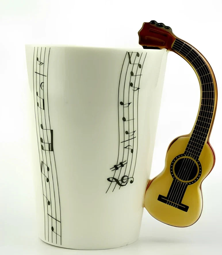 Ceramic music mug with violin-shaped handle showing 240ml capacity and smooth glazed interior