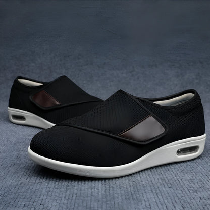 Beige leisure shoes for elderly with Velcro strap and rubber foam sole.