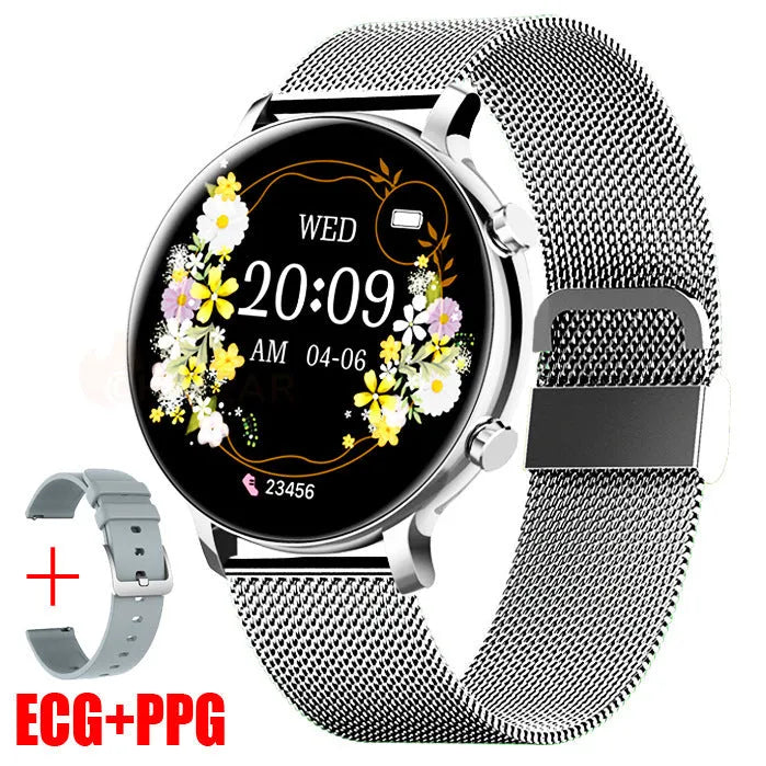 Bluetooth smartwatch with stainless steel strap showing heart rate monitoring display