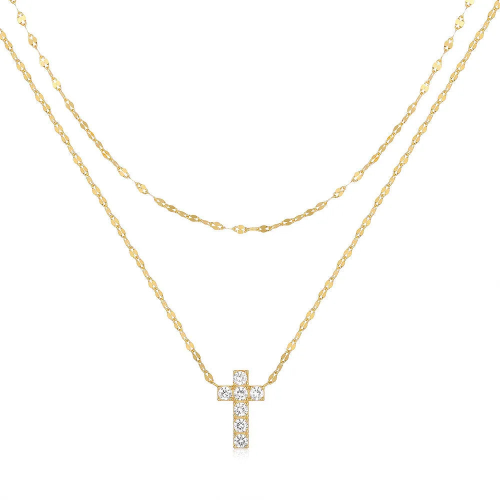 S925 sterling silver double layer twin diamond cross pendant on adjustable 40-45cm chain