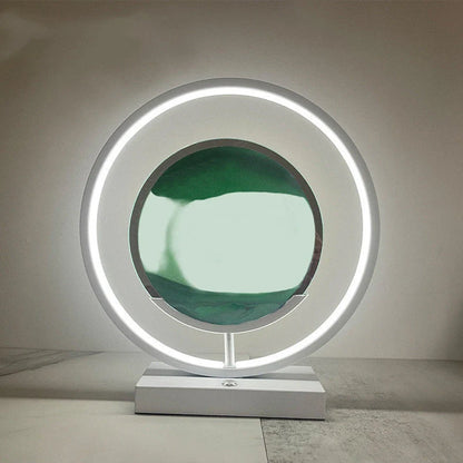 Creative minimalist quicksand table lamp with adjustable three-colour LED lighting on wooden surface