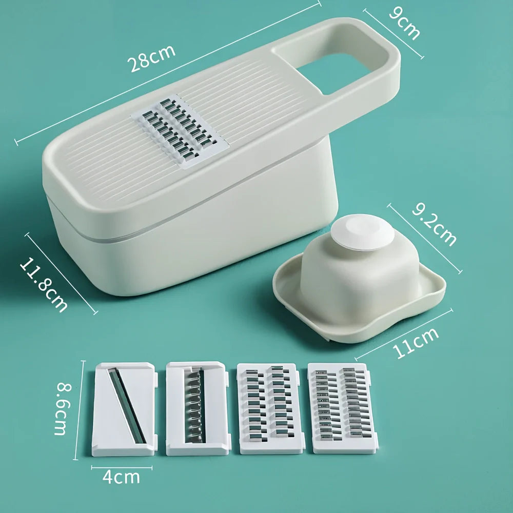 Blue multi-function kitchen cutter with stainless steel blades for slicing and shredding vegetables