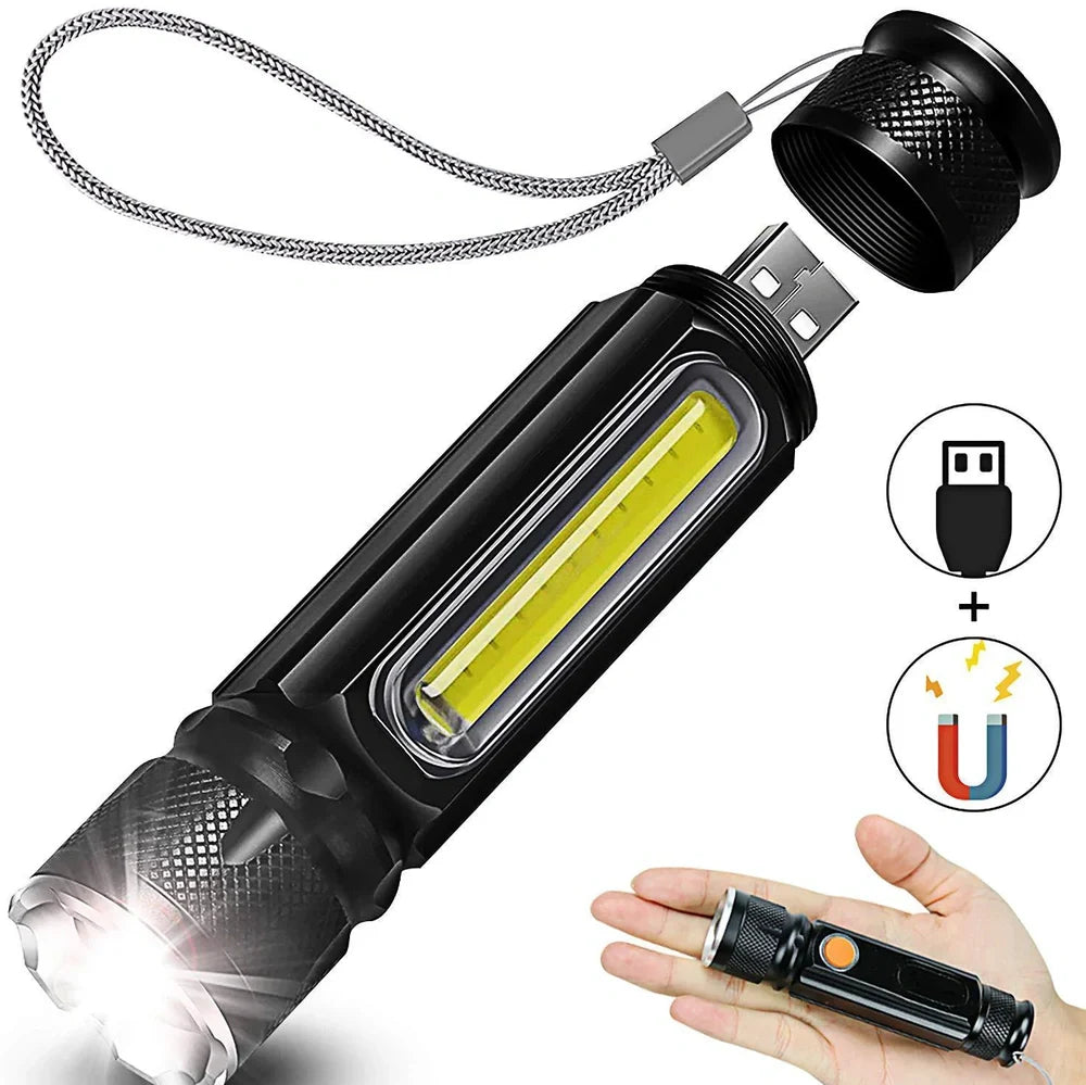 Black Soringrad rechargeable flashlight with magnet base, T6+COB lights, 18650 battery, 200m range for hiking and camping