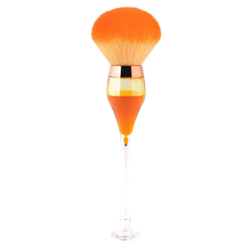 Wine glass shape large makeup brush with fluffy man-made fibre head, long plastic handle, 14cm total length, in Champagne, Pink or Wine Red.