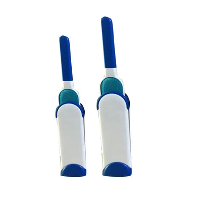 Blue reusable pet hair removal comb with sticky brush and self-cleaning base for sofas.
