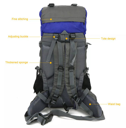 Extra Large Outdoor 60L Travel Backpack with external storage and waist bags