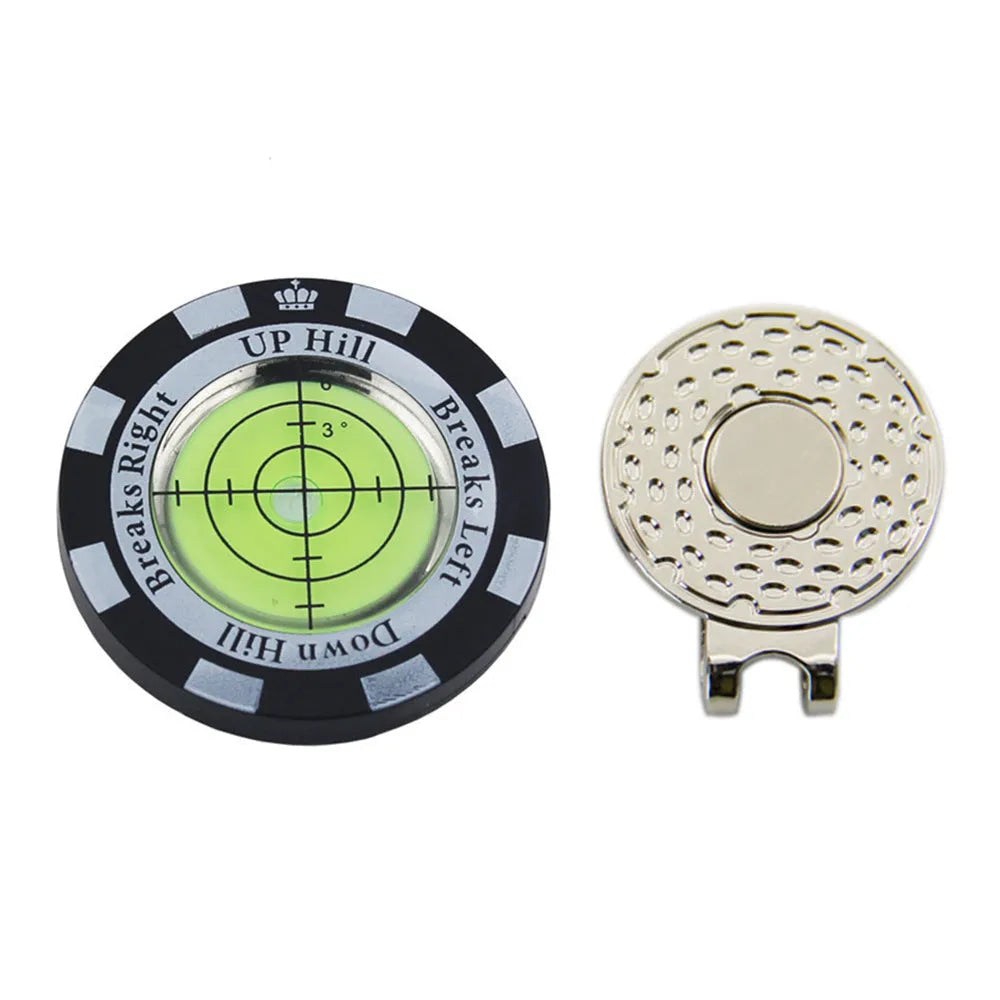 Golf level hat clip measurement device with green level markings and position marks for putting alignment