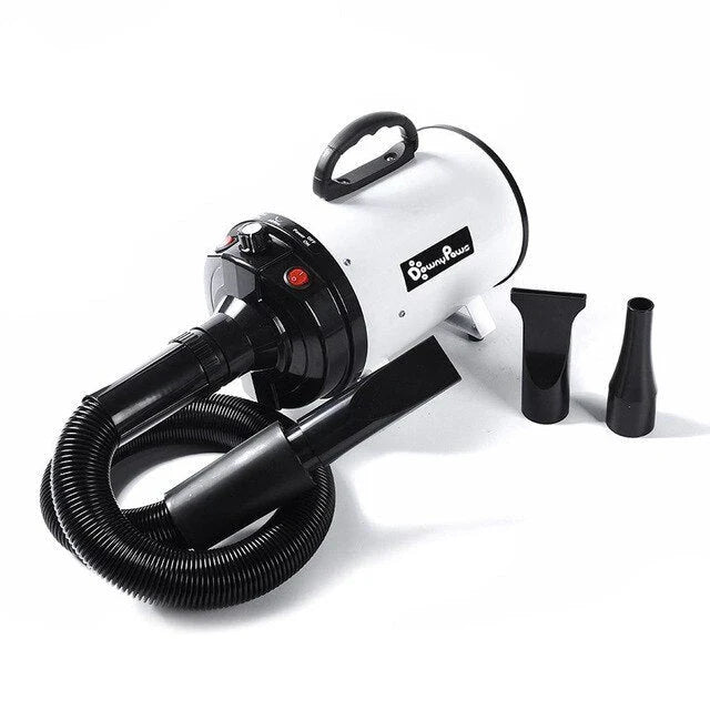 High-powered pet hair dryer with adjustable speed and temperature settings for quick and quiet drying of large dogs and cats