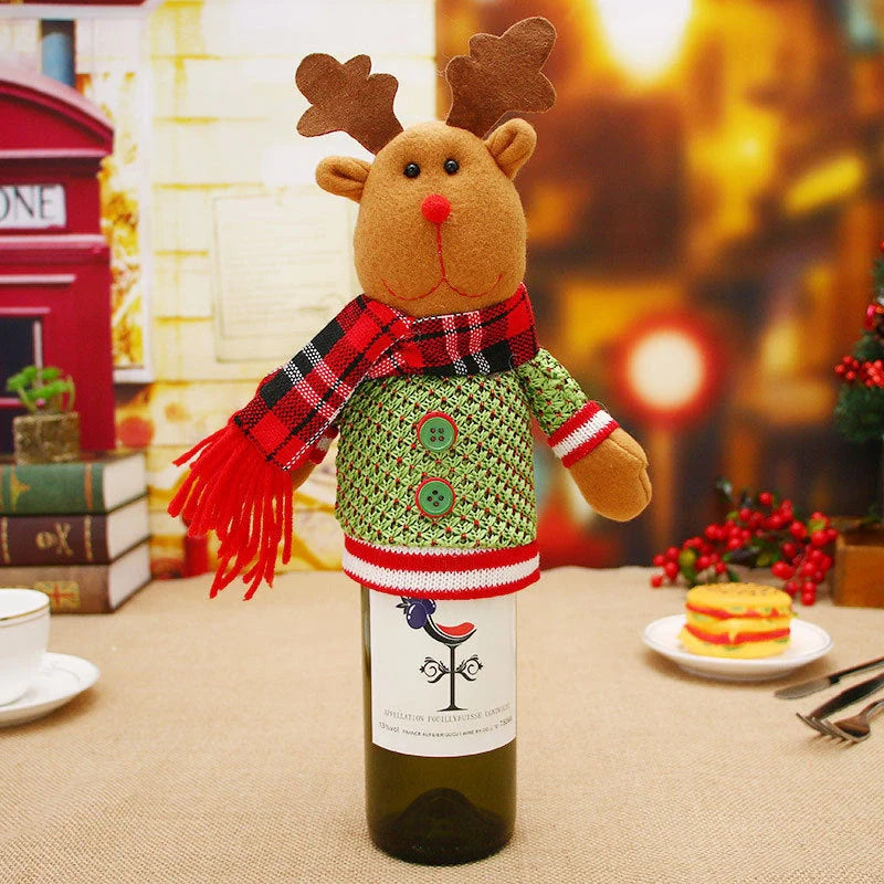 Festive Christmas wine bottle socks in vibrant colors, perfect for holiday decor