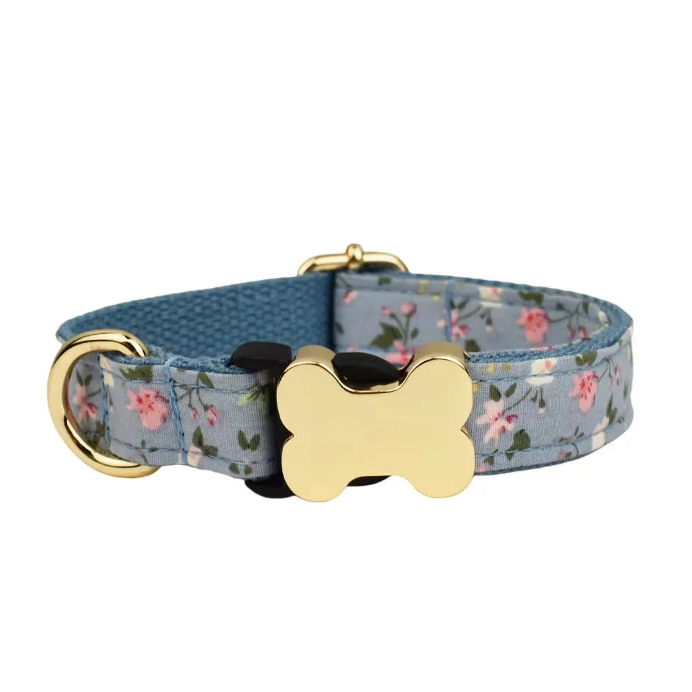 Flat nylon dog collar with bone buckle in a printed grid pattern, shown in multiple colour options.