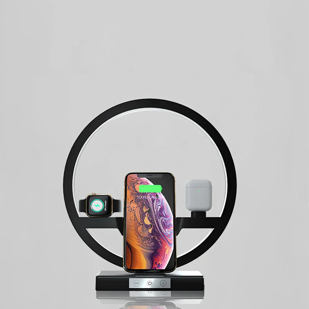 3-in-1 wireless charging station with table lamp charging phone, watch, and headset simultaneously