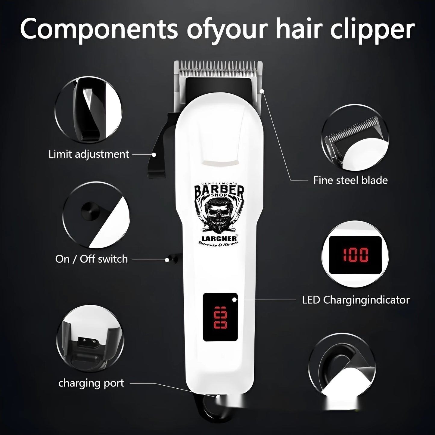 Rechargeable stainless steel hair clipper with USB cable and four attachment combs on a white background.