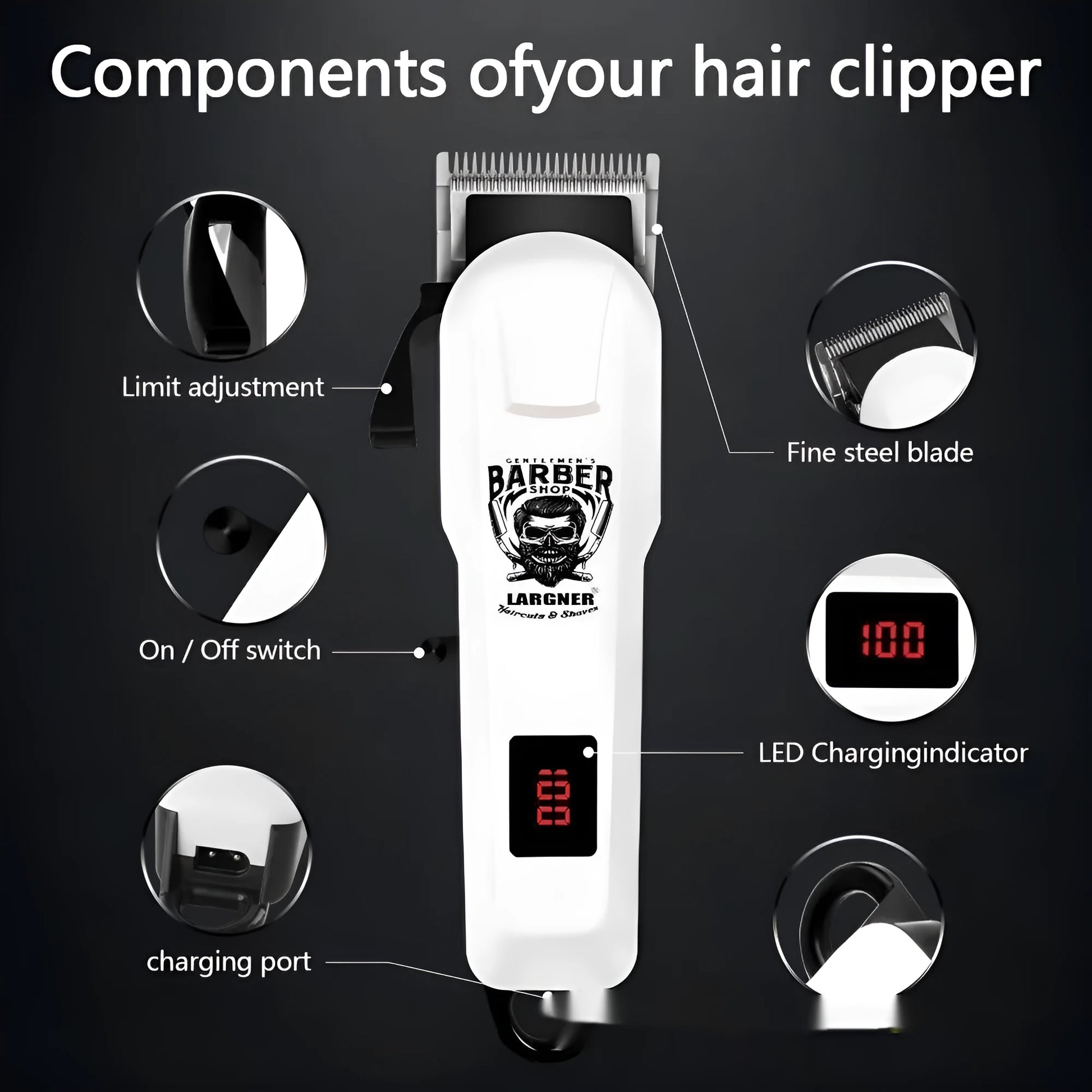 Rechargeable stainless steel hair clipper with USB cable and four attachment combs on a white background.