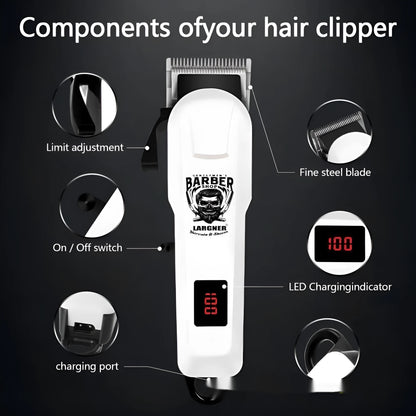 Rechargeable stainless steel hair clipper with USB cable and four attachment combs on a white background.
