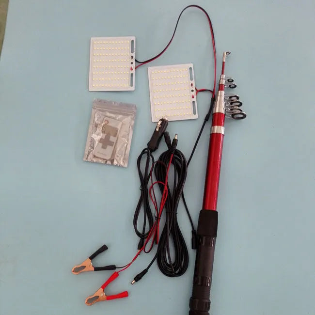 CL-LB-M7 white LED light unit mounted on top of an extended black telescopic fishing rod pole.