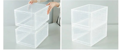 Foldable PP sneaker storage box with cover, internal size 32.5x23x17.5cm, black or transparent, stackable shoe organiser