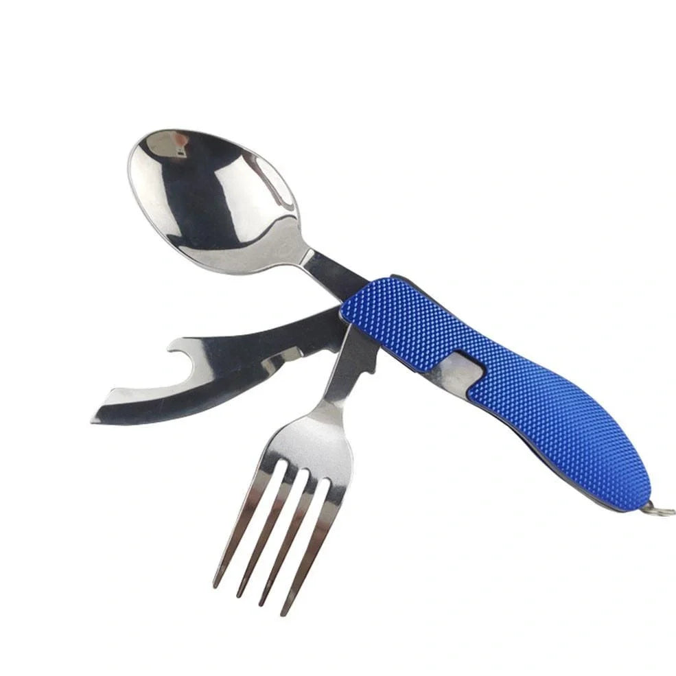 Green multi-functional 4-in-1 folding knife in stainless steel, showing folded knife, spoon, removable fork, and bottle opener for outdoor use