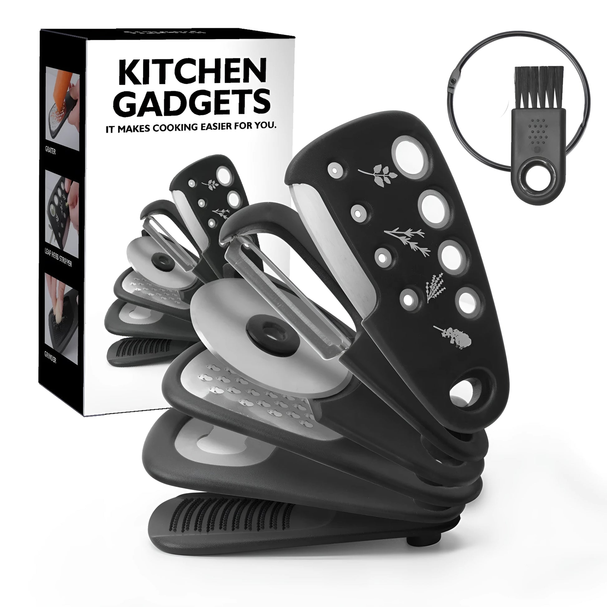 Six kitchen gadgets with cleaning brush in colour box storage unit