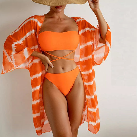 Women's chiffon three piece swimsuit with color blocking pattern and cardigan