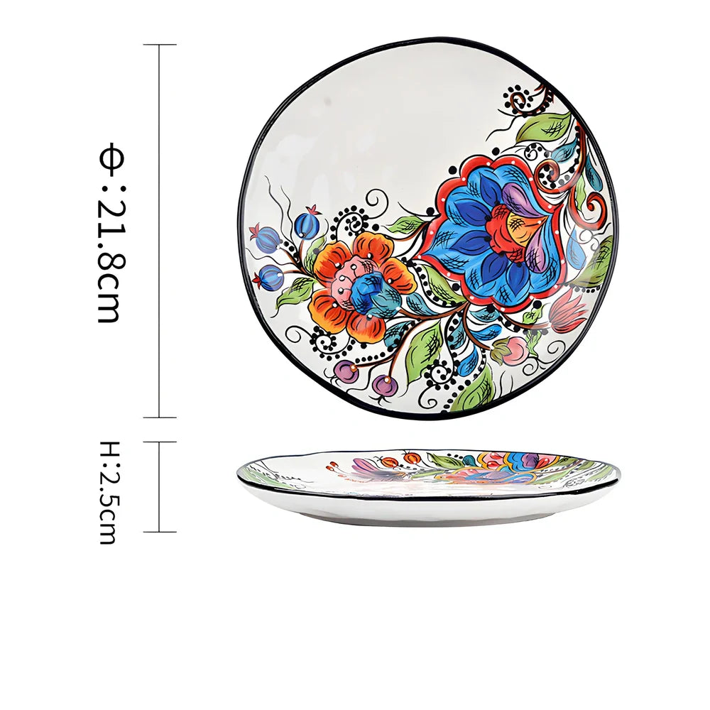 Underglaze ceramic bowl with Bohemian floral pattern in blue mandarin duck design, 8 inch diameter