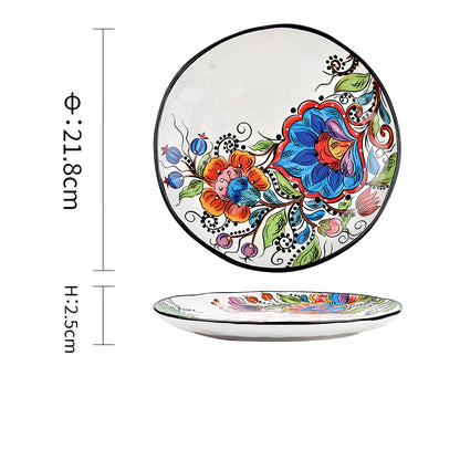 Underglaze ceramic bowl with Bohemian floral pattern in blue mandarin duck design, 8 inch diameter