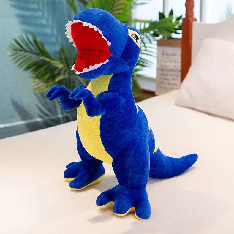 Blue plush dinosaur toy measuring 60cm tall with short plush fabric and PP cotton filling