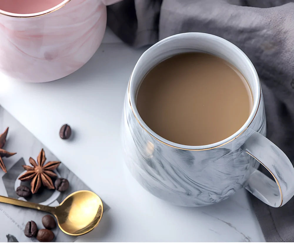 Grey marble pattern ceramic breakfast cereal mug with 350ml capacity and rounded handle
