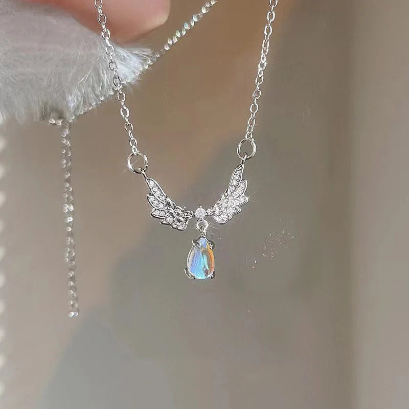Gothic Heart Crown Angel Wings Pendant Necklace for women featuring a unique design with crystal inlays.