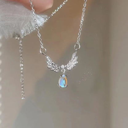 Gothic Heart Crown Angel Wings Pendant Necklace for women featuring a unique design with crystal inlays.