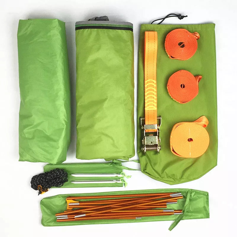 Off-ground tent with aluminum poles and Oxford cloth base for camping and hunting