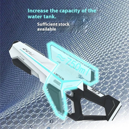Electric water gun with 750ml capacity in blue colour showing USB charging port and automatic delivery system