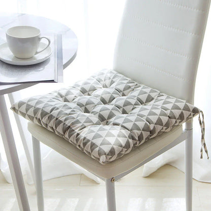 Comfortable Linen-Cotton Chair Cushion with a variety of vibrant patterns and designs, perfect for indoor and outdoor use.