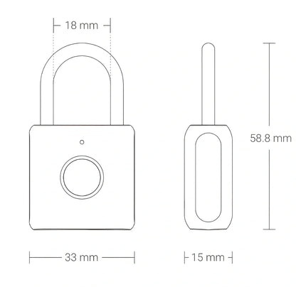 Fingerprint smart lock with zinc alloy body measuring 33x58.8x15mm with biometric sensor