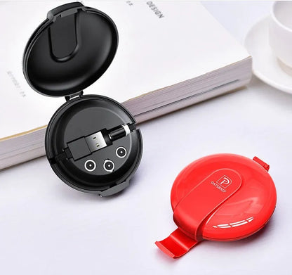 Black 3-in-1 magnetic retractable car phone charger with three charging plugs and magnetic patch