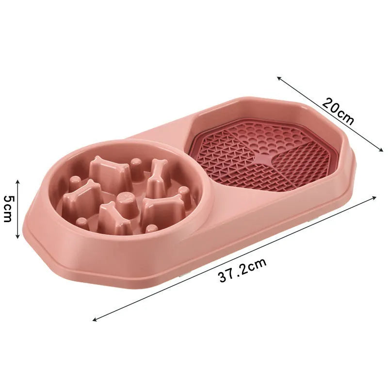 Blue interactive slow feeder dog bowl with maze pattern and non-slip base on a kitchen floor.
