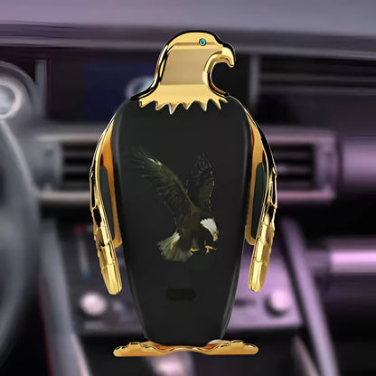 Eagle design car phone holder with wireless charging base and suction cup mount in two-tone colours.