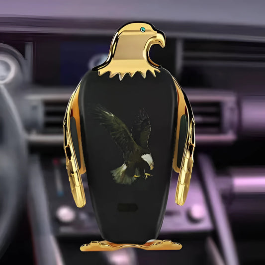 Eagle design car phone holder with wireless charging base and suction cup mount in two-tone colours.