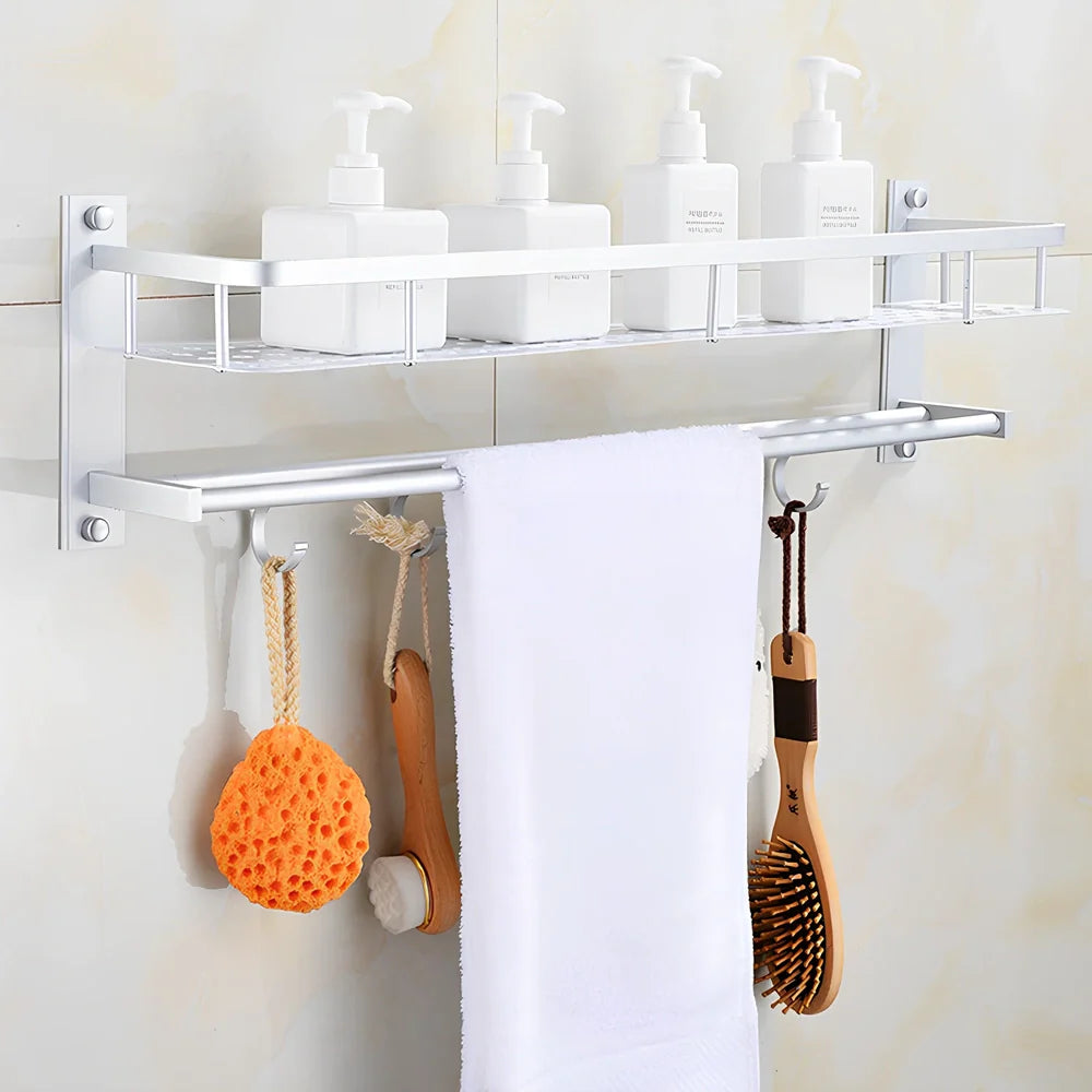 Silver aluminium 2-layer wall-mounted towel rack, 49cm length, for bathroom storage
