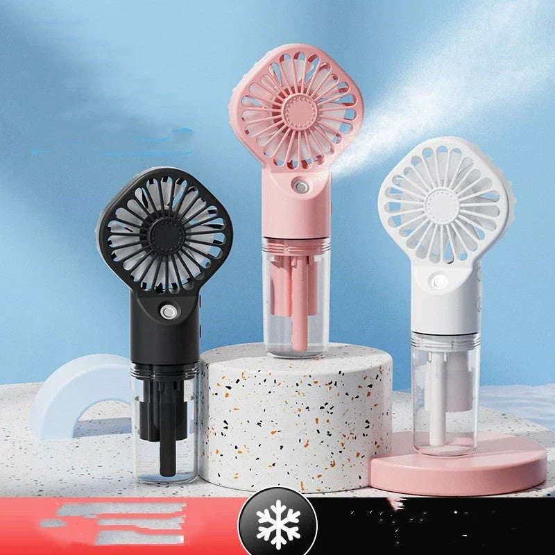 Powerful portable mist fan with four-speed settings, built-in humidifier, and compact design for convenient cooling and hydration