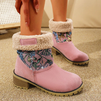 Floral embroidered snow boots in off-white, black, and pink colors with thick square heels and round toe shape