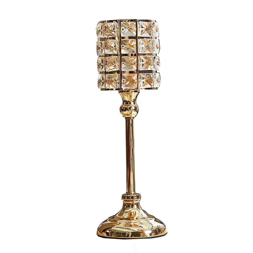 Three golden metal candle holders in small 21 cm, medium 31 cm, and large 36 cm sizes with 11x11 cm bases for table decor