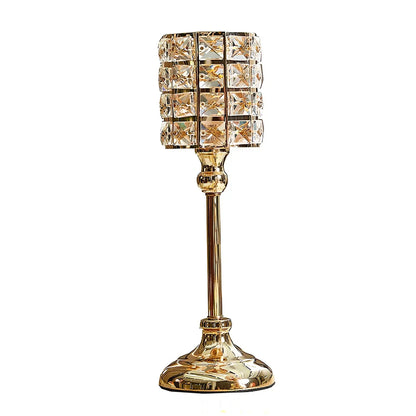 Three golden metal candle holders in small 21 cm, medium 31 cm, and large 36 cm sizes with 11x11 cm bases for table decor