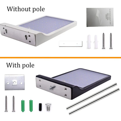 Black and white solar garden light with 36 LEDs, mounting rod option, automatic dusk operation